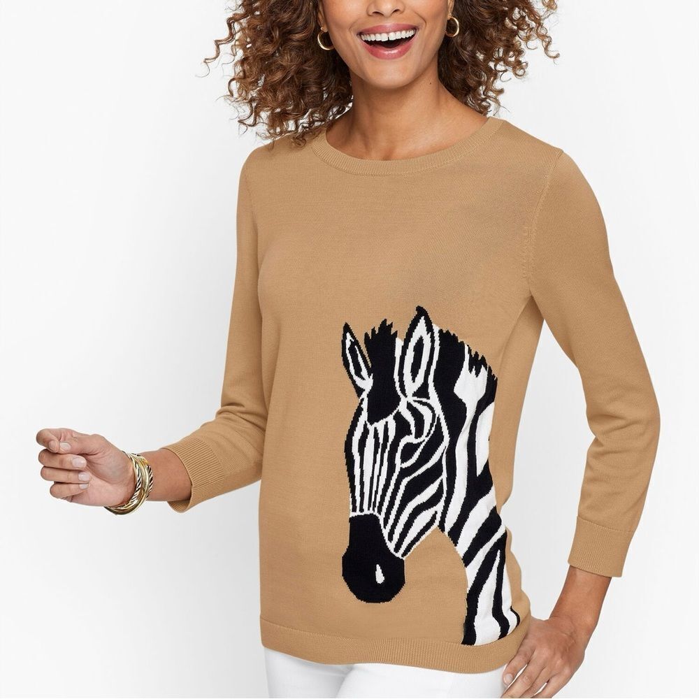 Talbots‎ Zebra Head Crewneck Pullover Knit Top Sweater Tan Petite Large